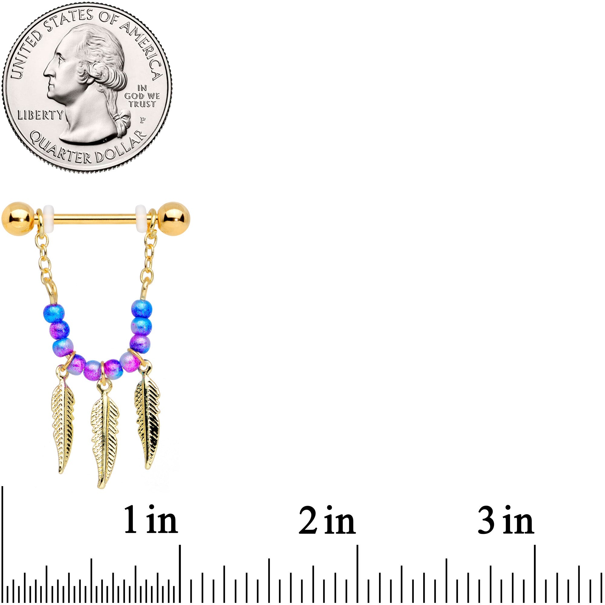 14G 1/2 Gold Tone Blue Purple Bead Feather Dangle Nipple Ring Set