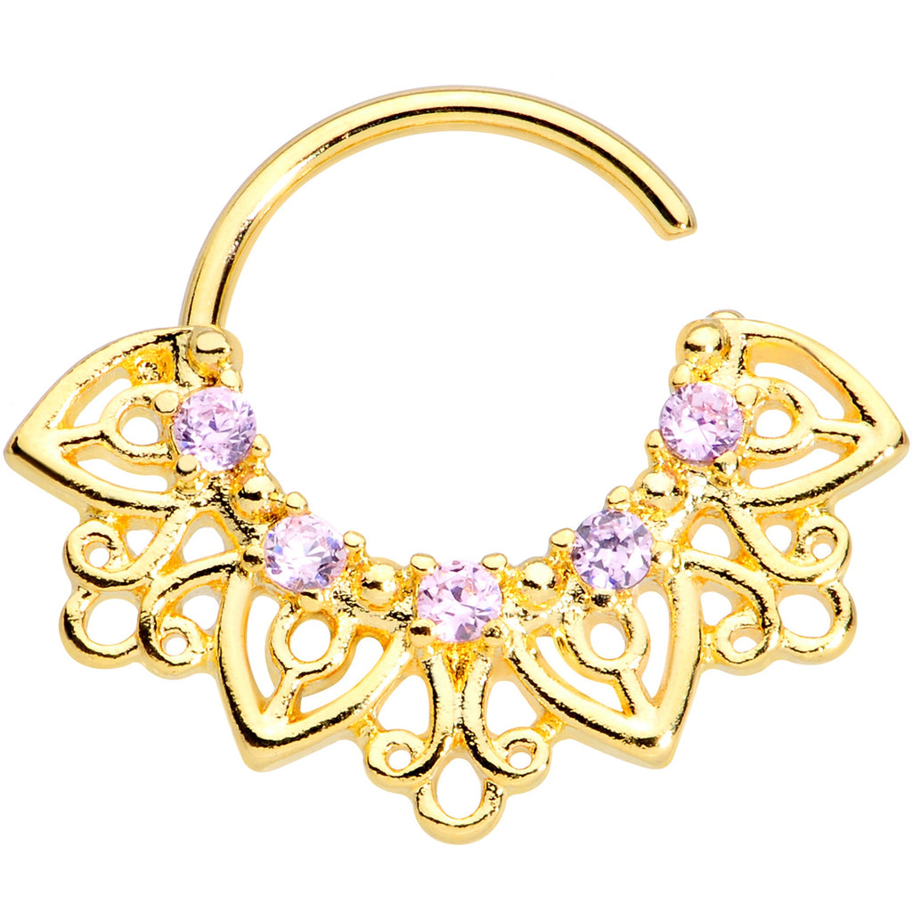 16G 5/16 Pink Gem Gold Tone Lovely Leaves Closure Ring