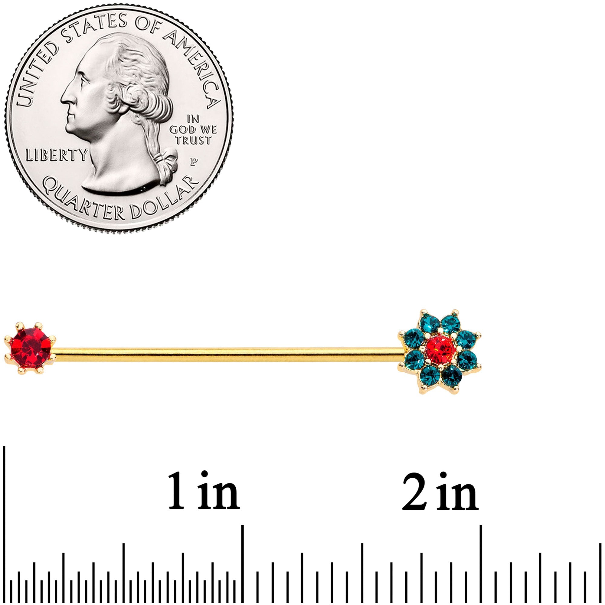 14G Green Red Gem Christmas Flower Industrial Barbell 38mm
