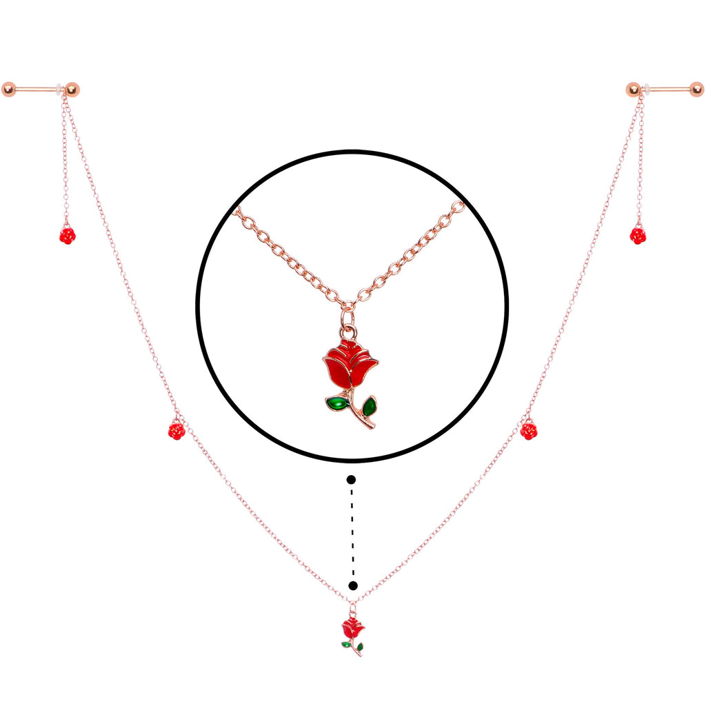 14G 9/16 Gold Tone Red Flower Valentine Dangle Nipple Chain