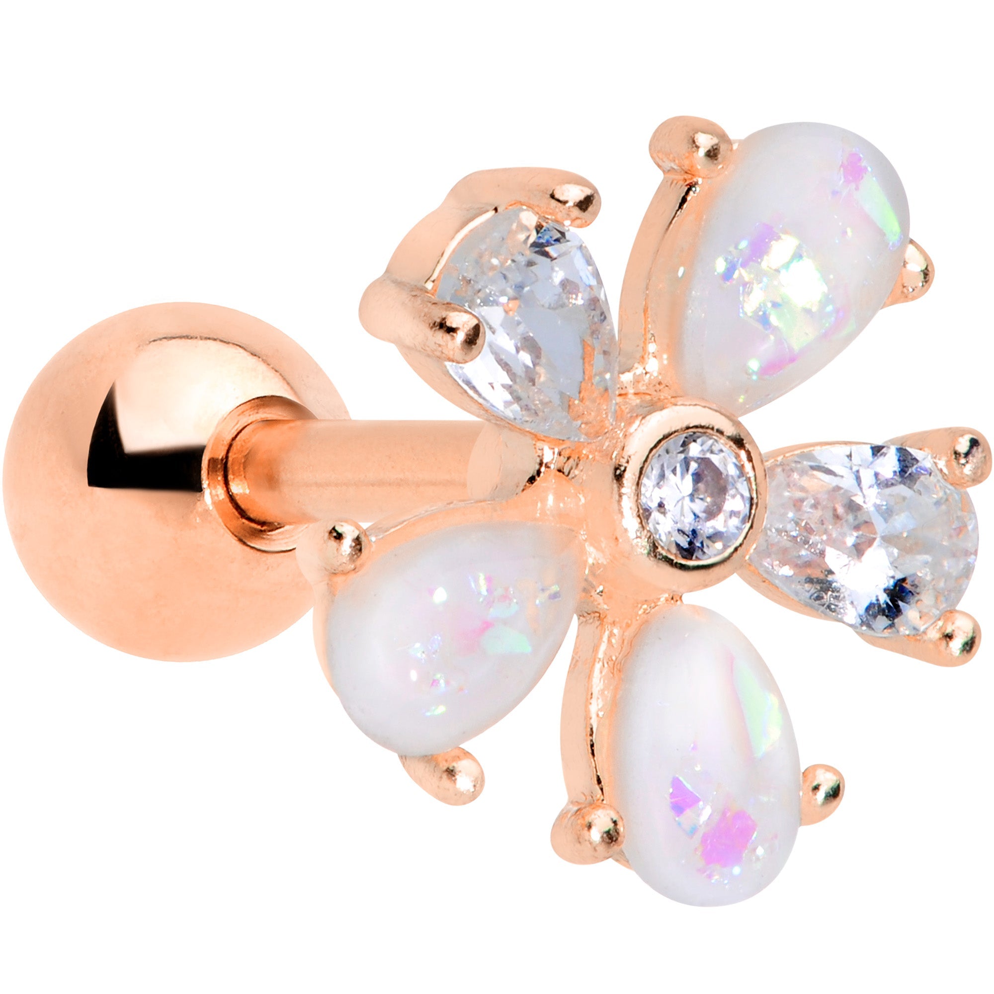 16G 1/4 White Faux Opal Rose Gold Tone Flower Cartilage Tragus