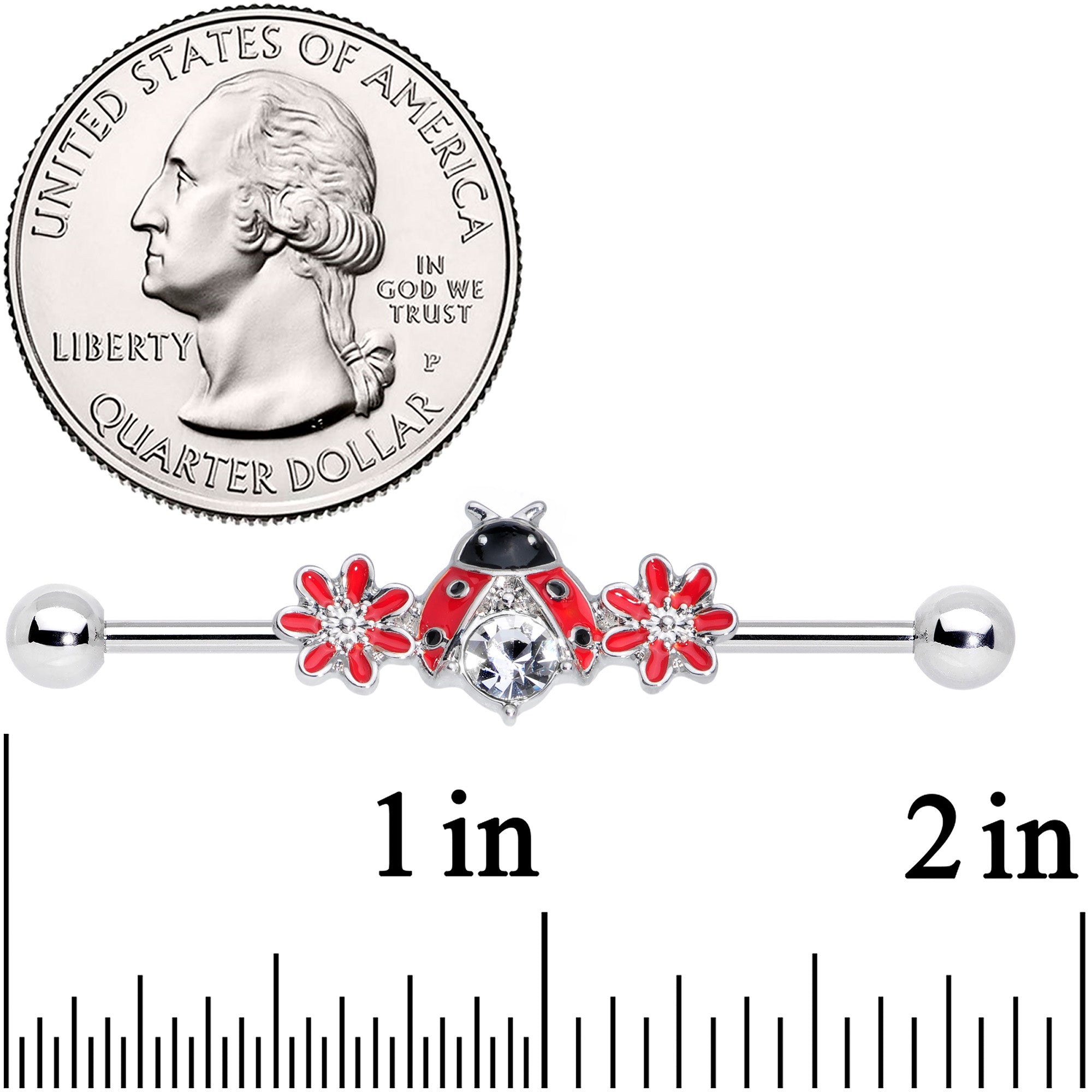 14G Clear Gem Red Flowers Ladybug Industrial Barbell 38mm
