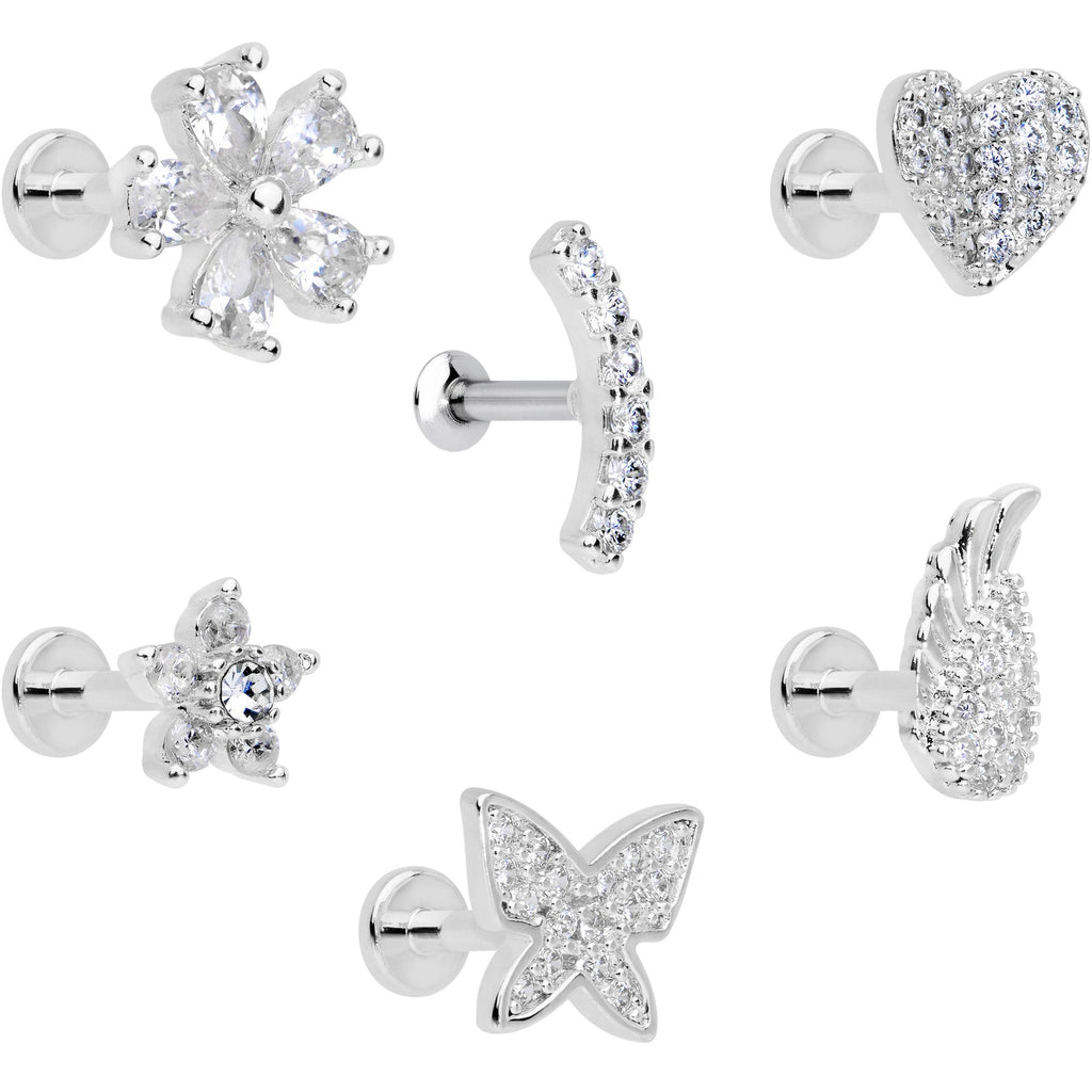 16G 1/4 CZ Gem Internal Thread Labret Tragus Set of 6