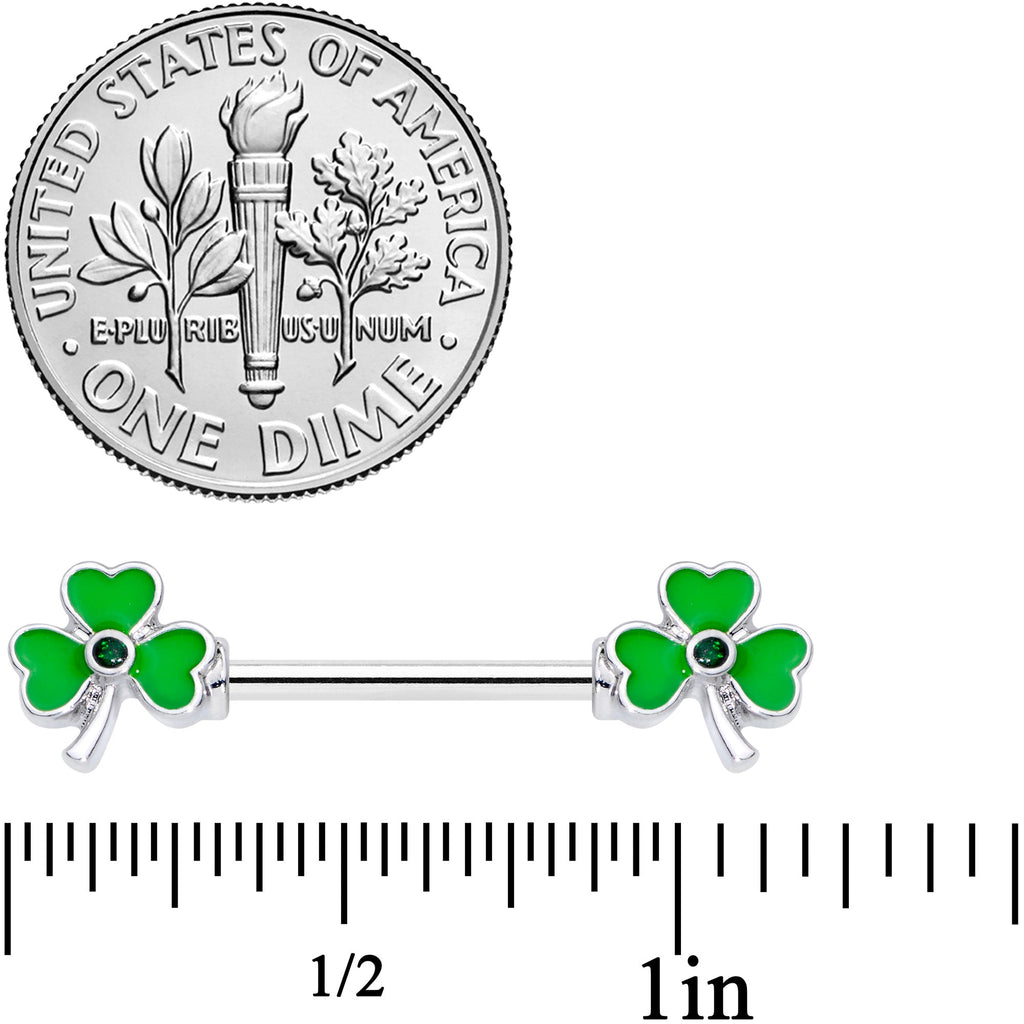 14G 5/8 Black Gem Green St Pats Shamrock Barbell Nipple Ring Set