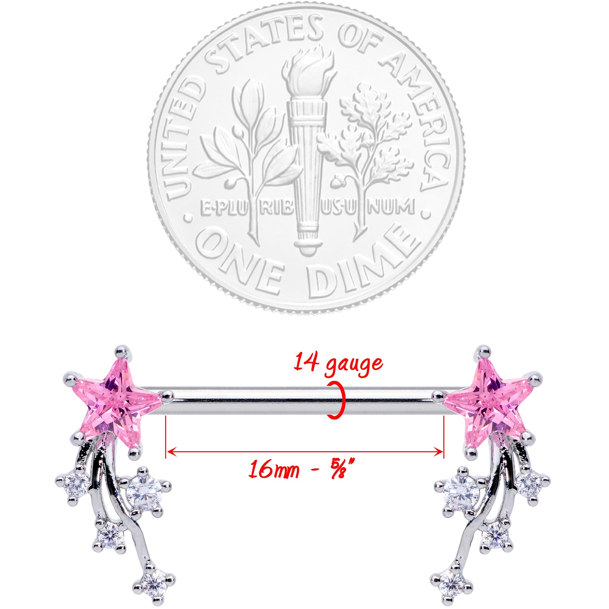 14G 5/8 Pink Clear CZ Gem Shooting Star Barbell Nipple Ring Set