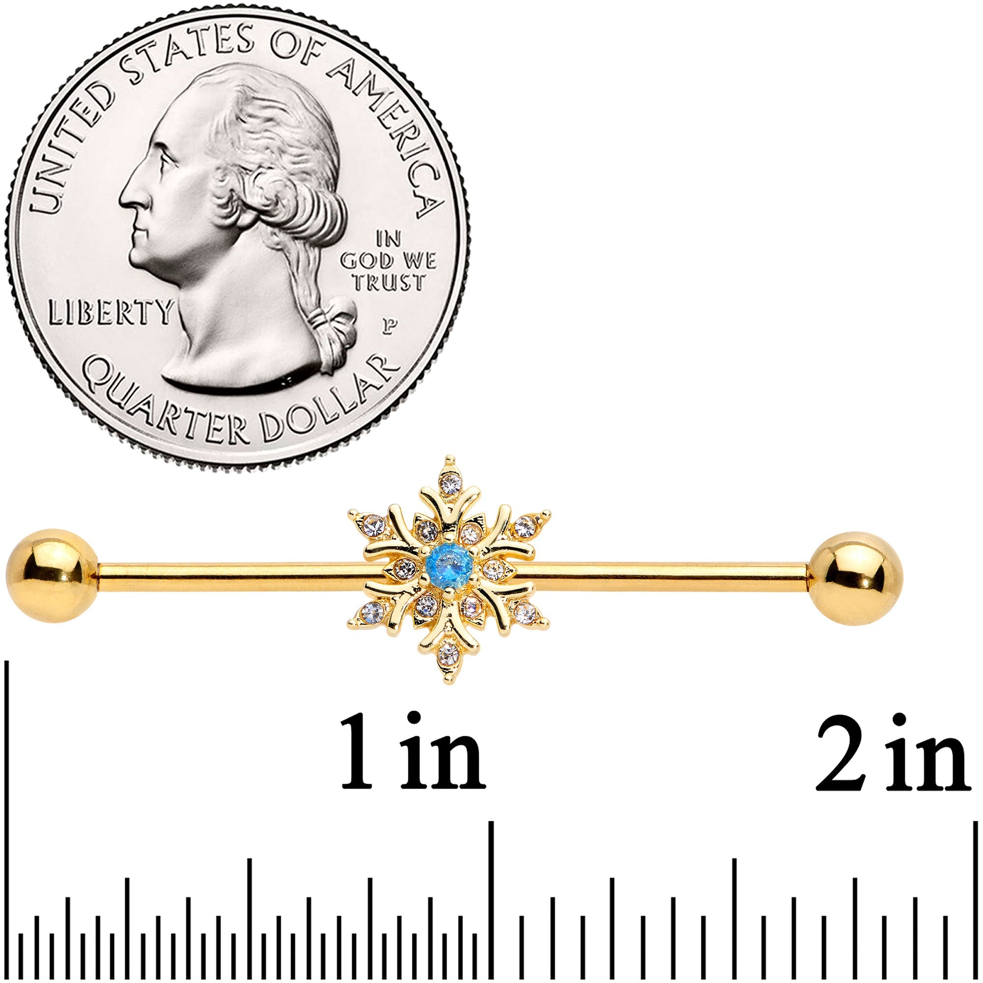14G Blue CZ Gem Gold Tone Snowflake Industrial Barbell 38mm