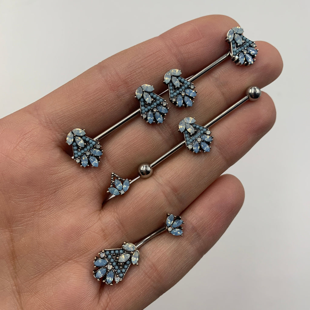 14G Blue White Faux Opal Ornate Industrial Barbell 38mm