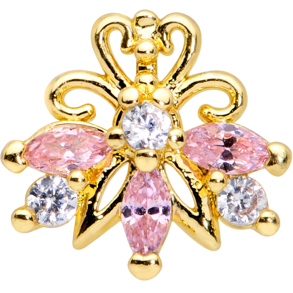 16G 1/4 Clear Pink CZ Gem Gold Tone Looping Labret Monroe Tragus