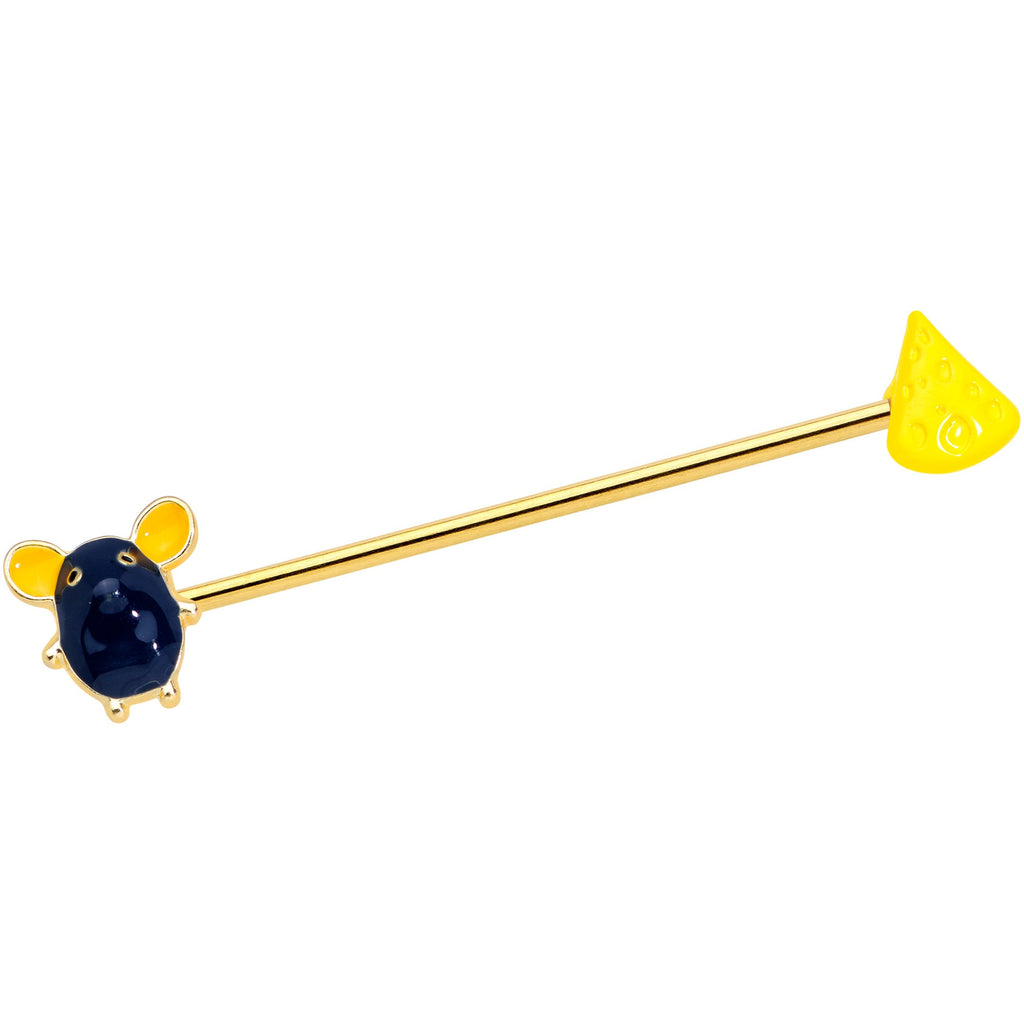 14G Gold Tone Black Mouse Cheese Industrial Barbell 38mm
