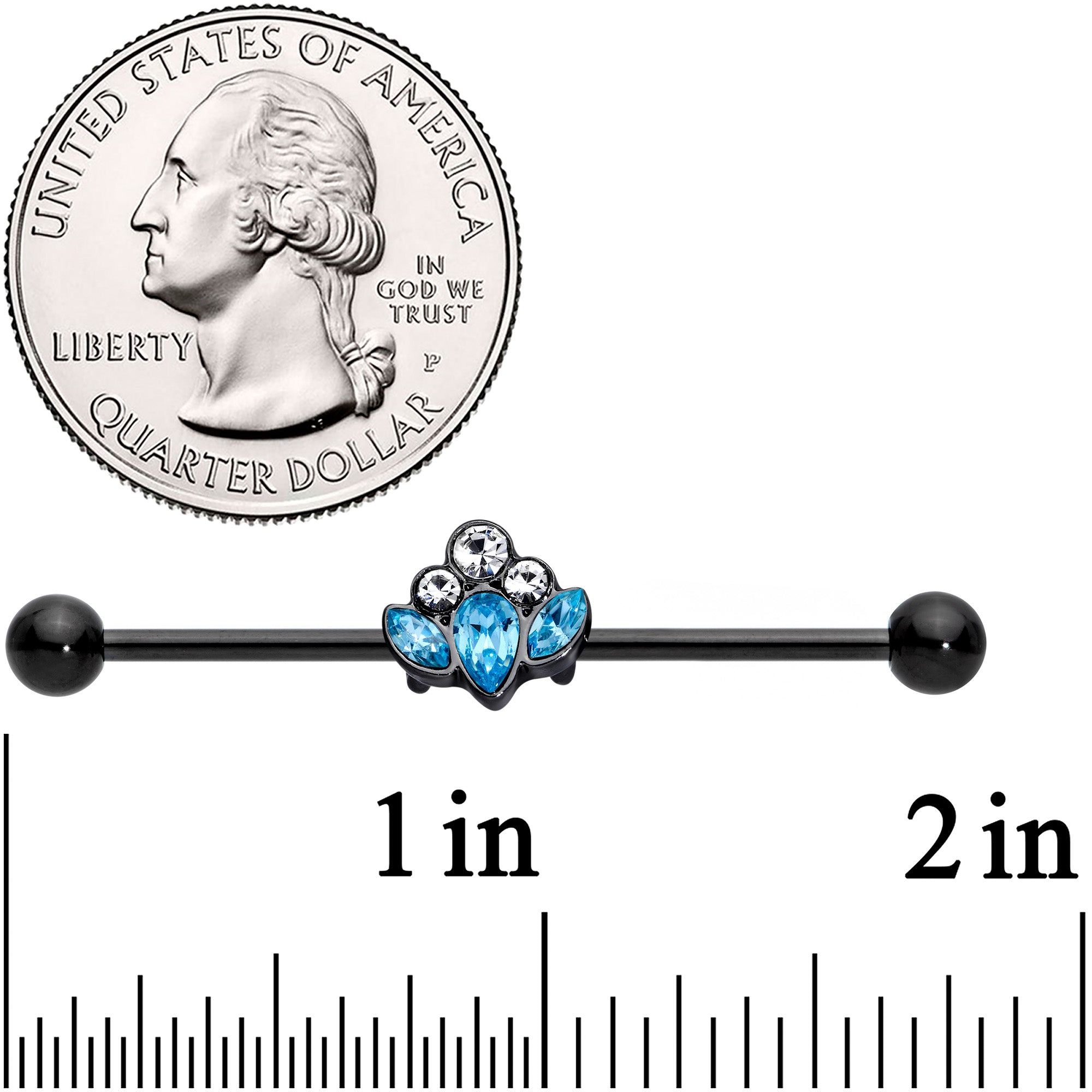 14G Clear Aqua Gem Black Anodized Classic Cluster Industrial Barbell 38mm