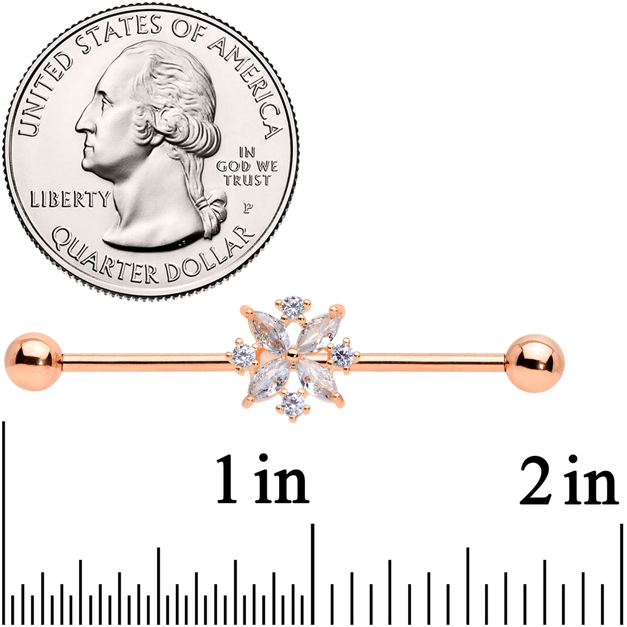 14G Clear CZ Gem Rose Gold Tone Star Burst Industrial Barbell 38mm