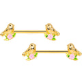 14G 9/16 Gold Tone Bird Pink Flower Barbell Nipple Ring Set