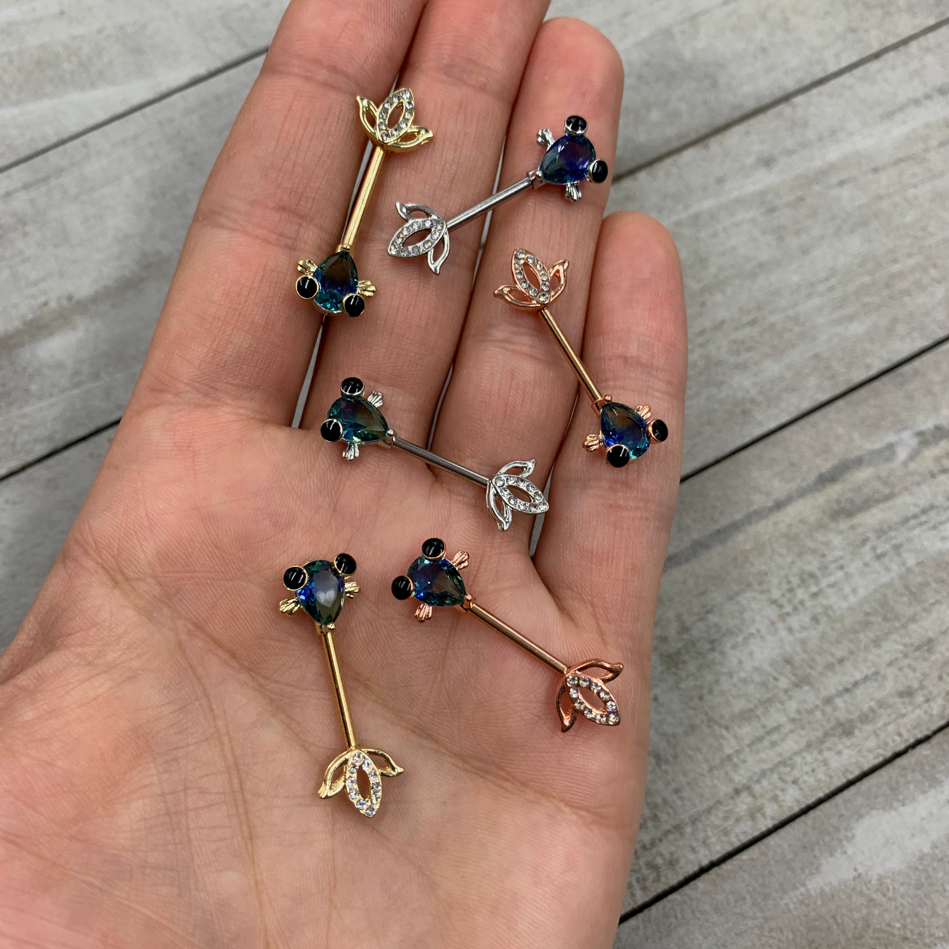 14G 9/16 Aqua Gem Gold Tone Fish Barbell Nipple Ring Set