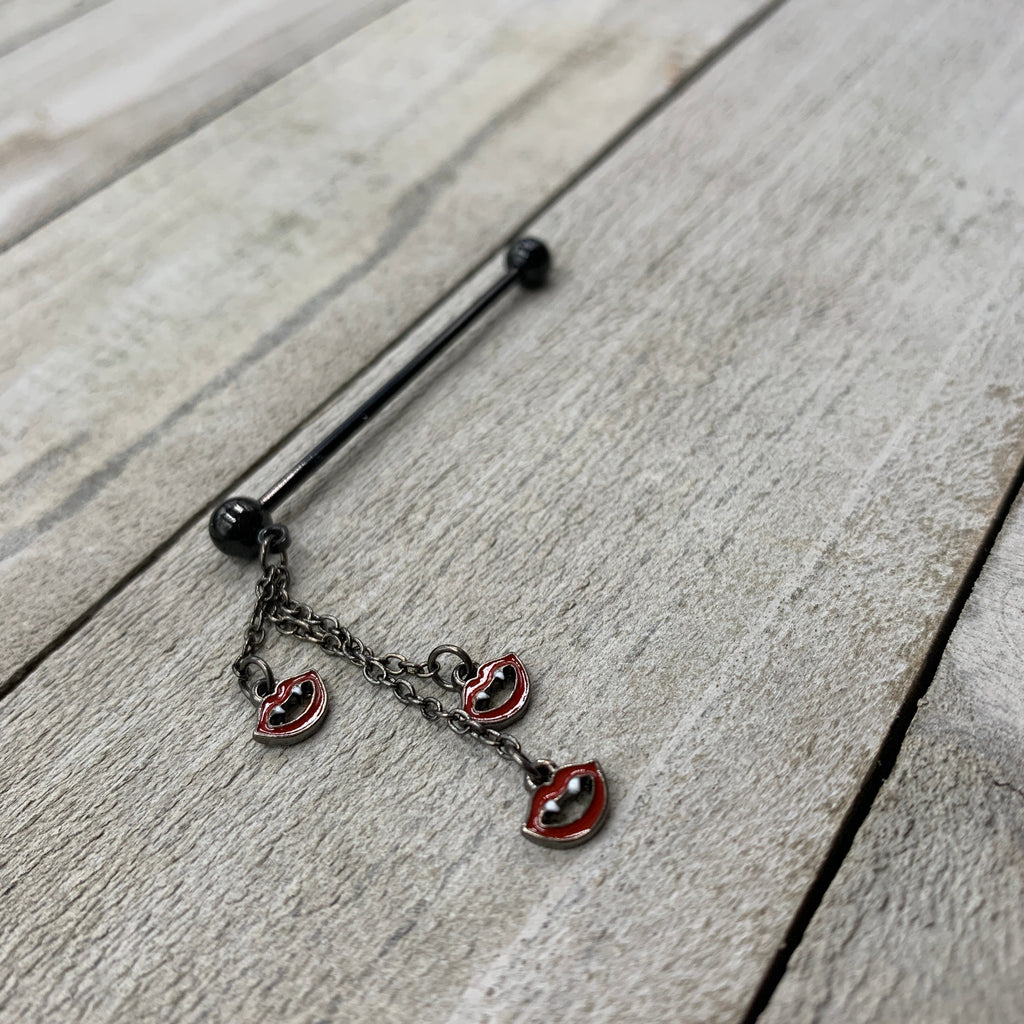 14G Black Vampire Fangs Halloween Dangle Industrial Barbell 38mm