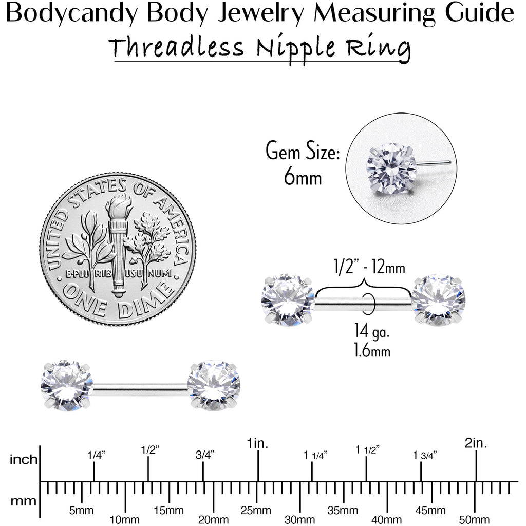 14G 1/2 Clear CZ Gem Threadless Barbell Nipple Ring Set