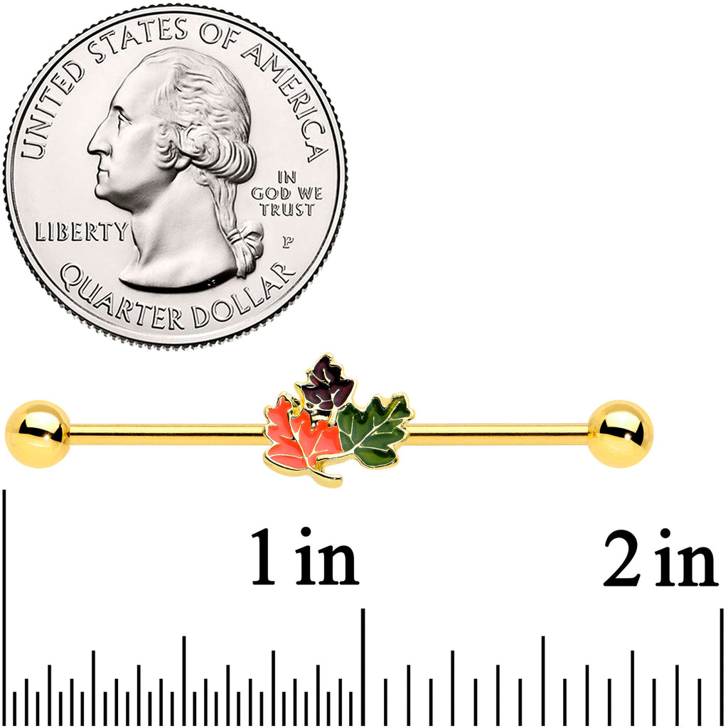 14G Gold Tone Lovely Autumn Leaf Trio Industrial Barbell 38mm