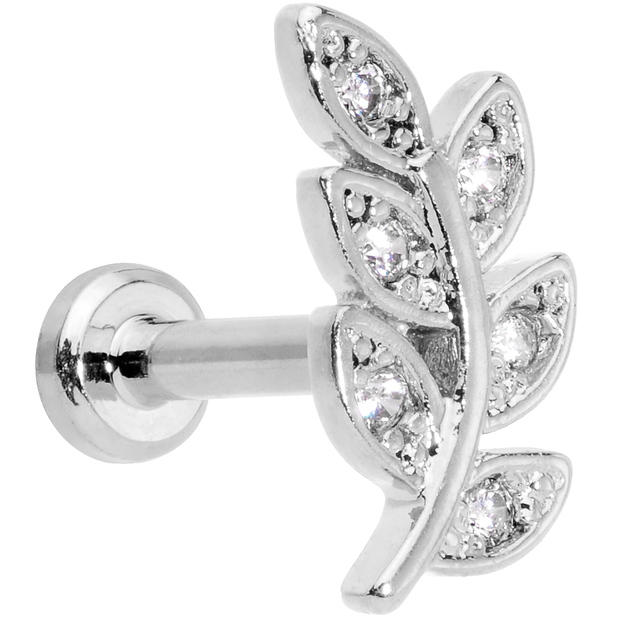16G 1/4 Clear CZ Gem Leaf Internally Threaded Labret Tragus