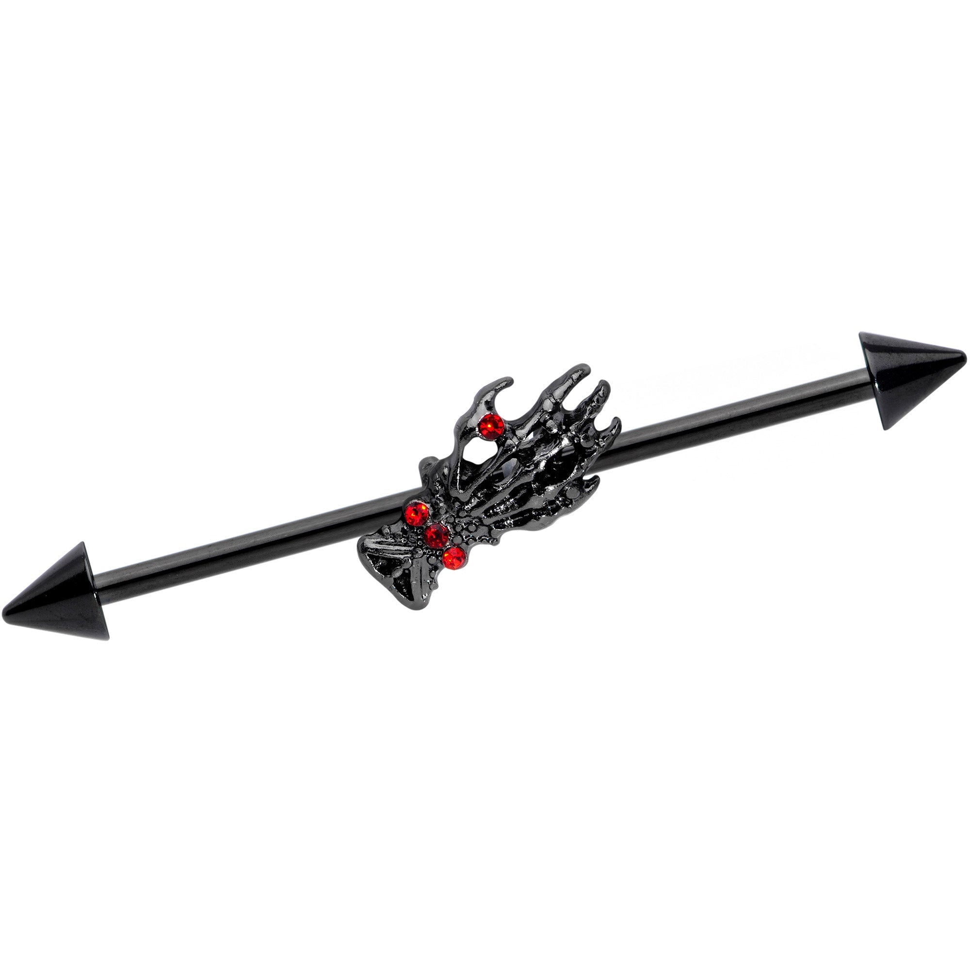 14G Red Gem Black Skeleton Hand Halloween Industrial Barbell 38mm
