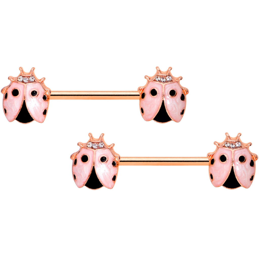 14G 9/16 Clear Gem Rose Gold Tone Lil Ladybug Nipple Ring Set