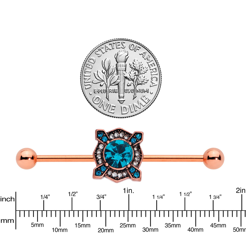 14G Aqua Gem Rose Gold Tone Renaissance Industrial Barbell 38mm
