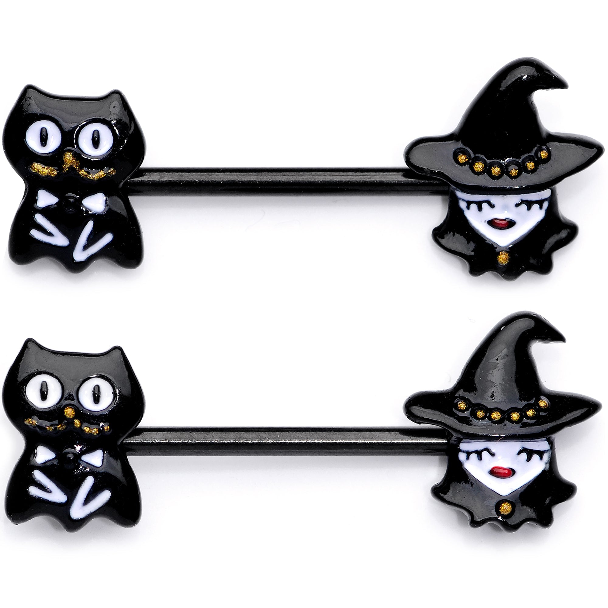 14G 9/16 Black Cat Pretty Witch Halloween Barbell Nipple Ring Set