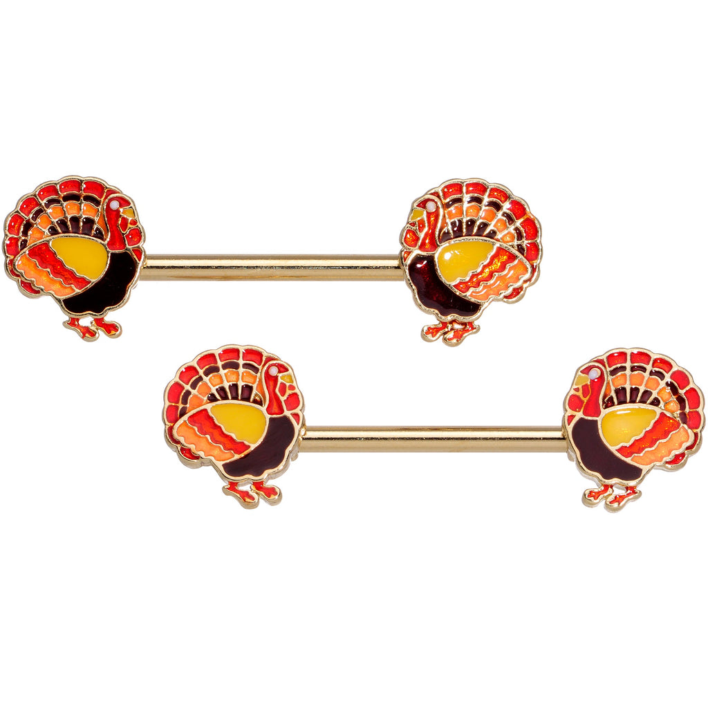 14G 9/16 Gold Tone Turkey Thanksgiving Barbell Nipple Rings