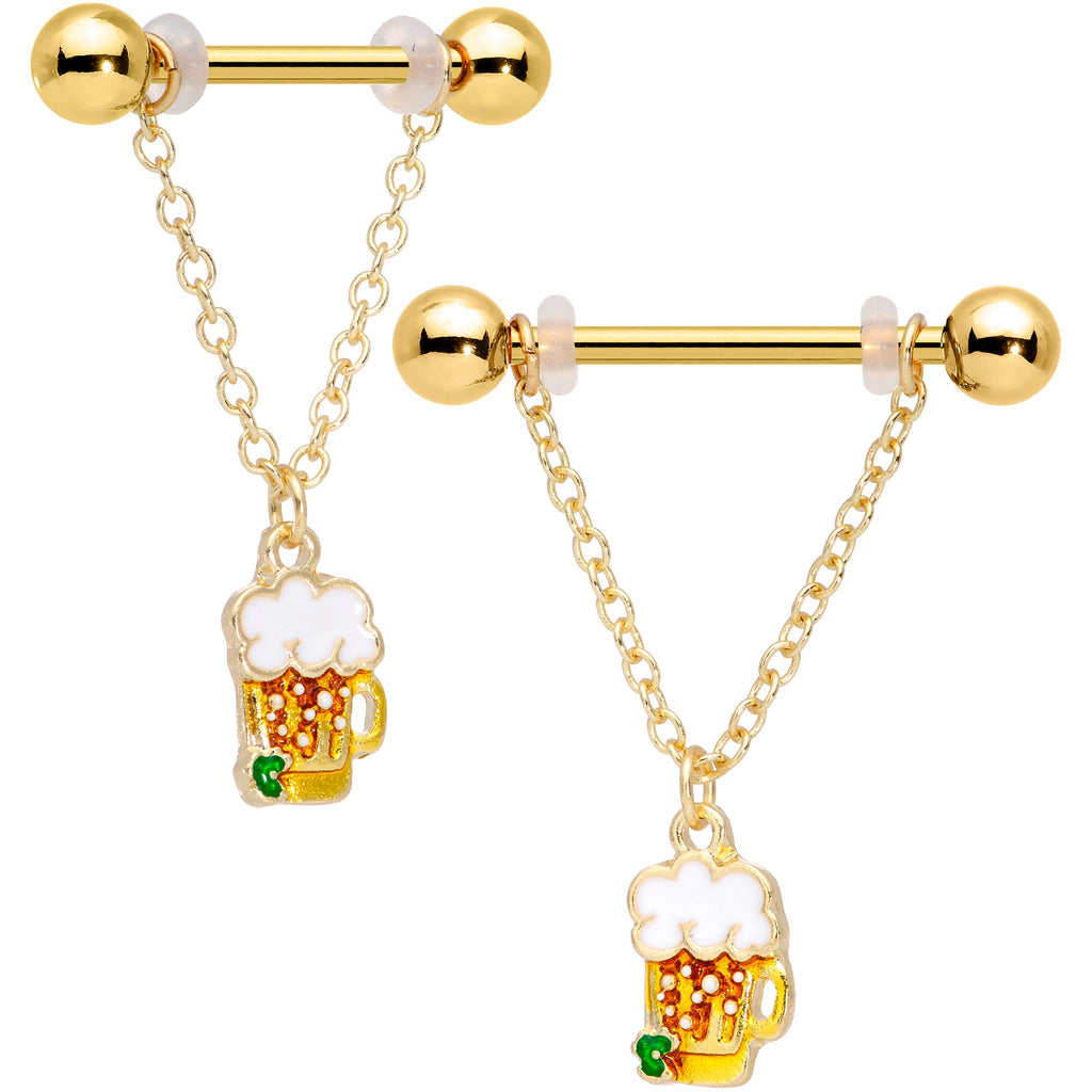 14G 3/4 Gold Tone Beer Mug St Patricks Day Dangle Nipple Ring Set