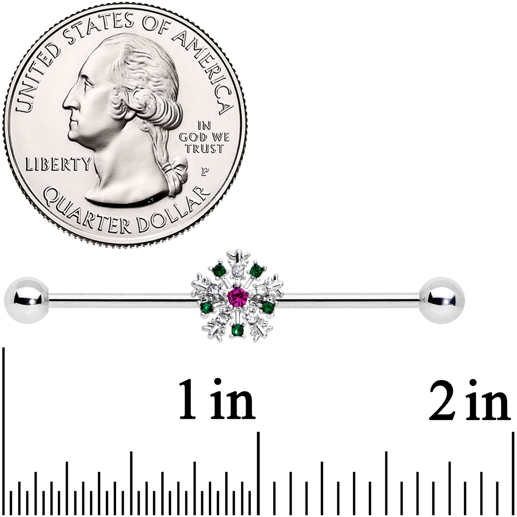 14G Clear Red Gem Christmas Industrial Barbell 38mm