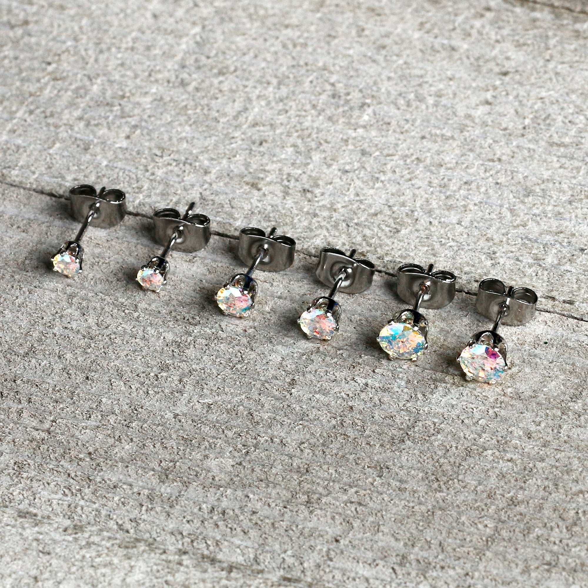20G Aurora CZ Gem 3mm to 5mm Post Stud Earring Set of 3