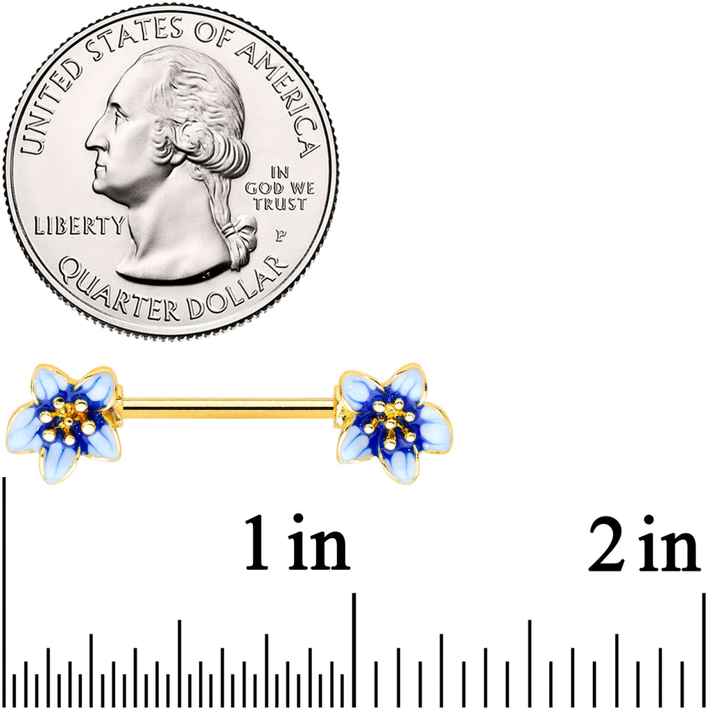 14G 9/16 Gold Tone White Blue Flower Barbell Nipple Ring Set