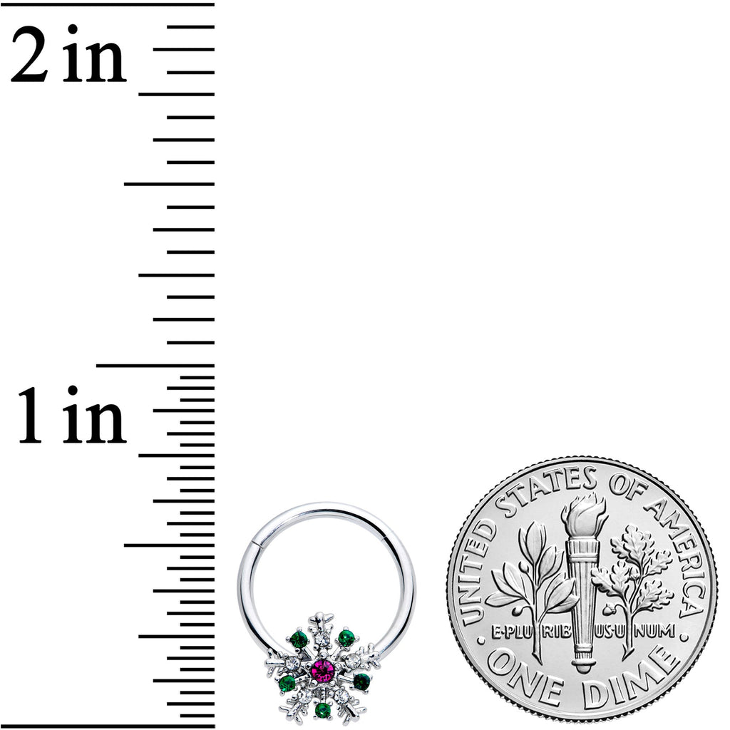 16G 3/8 Clear Green Pink Gem Snowflake Hinged Segment Ring