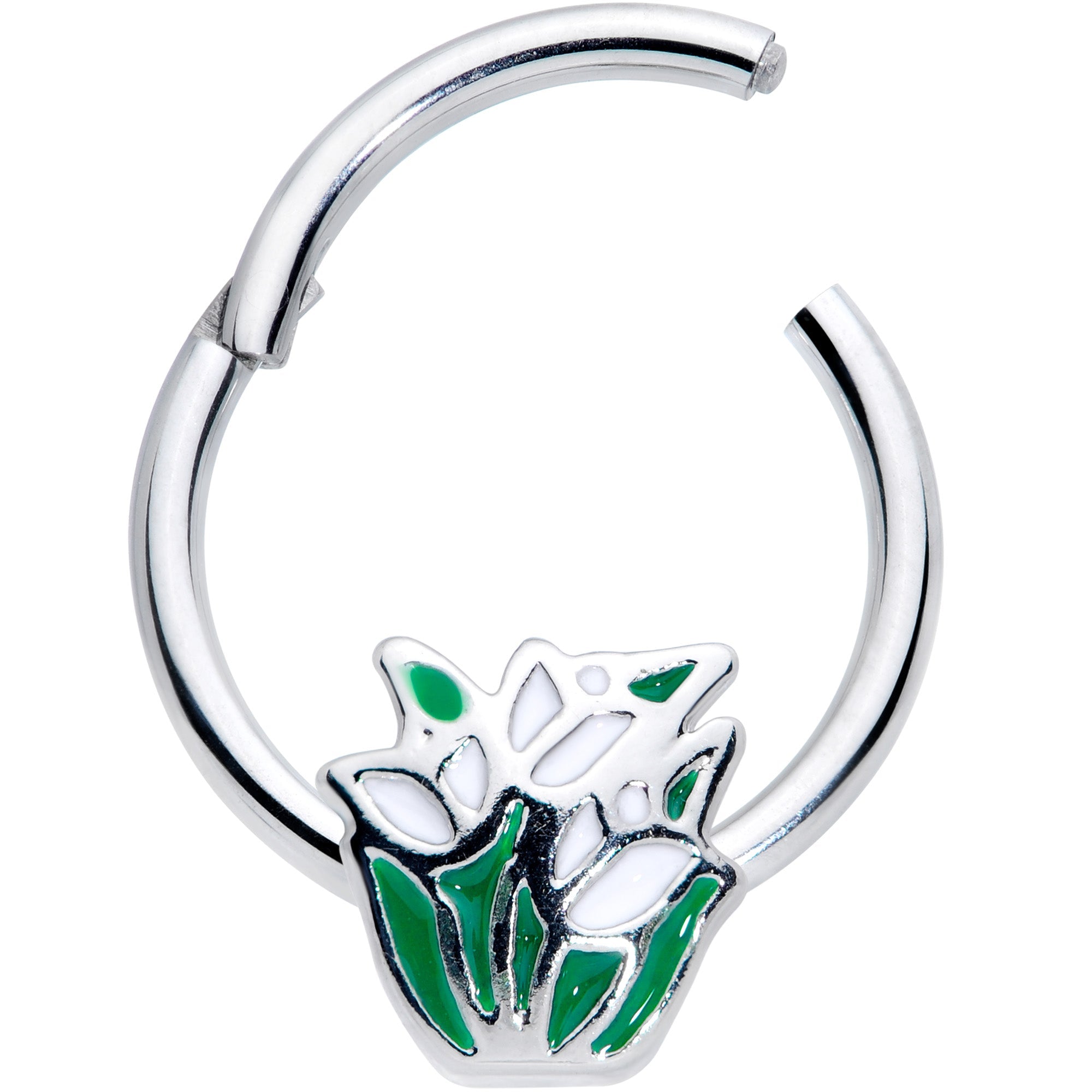 16G 3/8 Springtime White Tulip Flowers Hinged Segment Ring