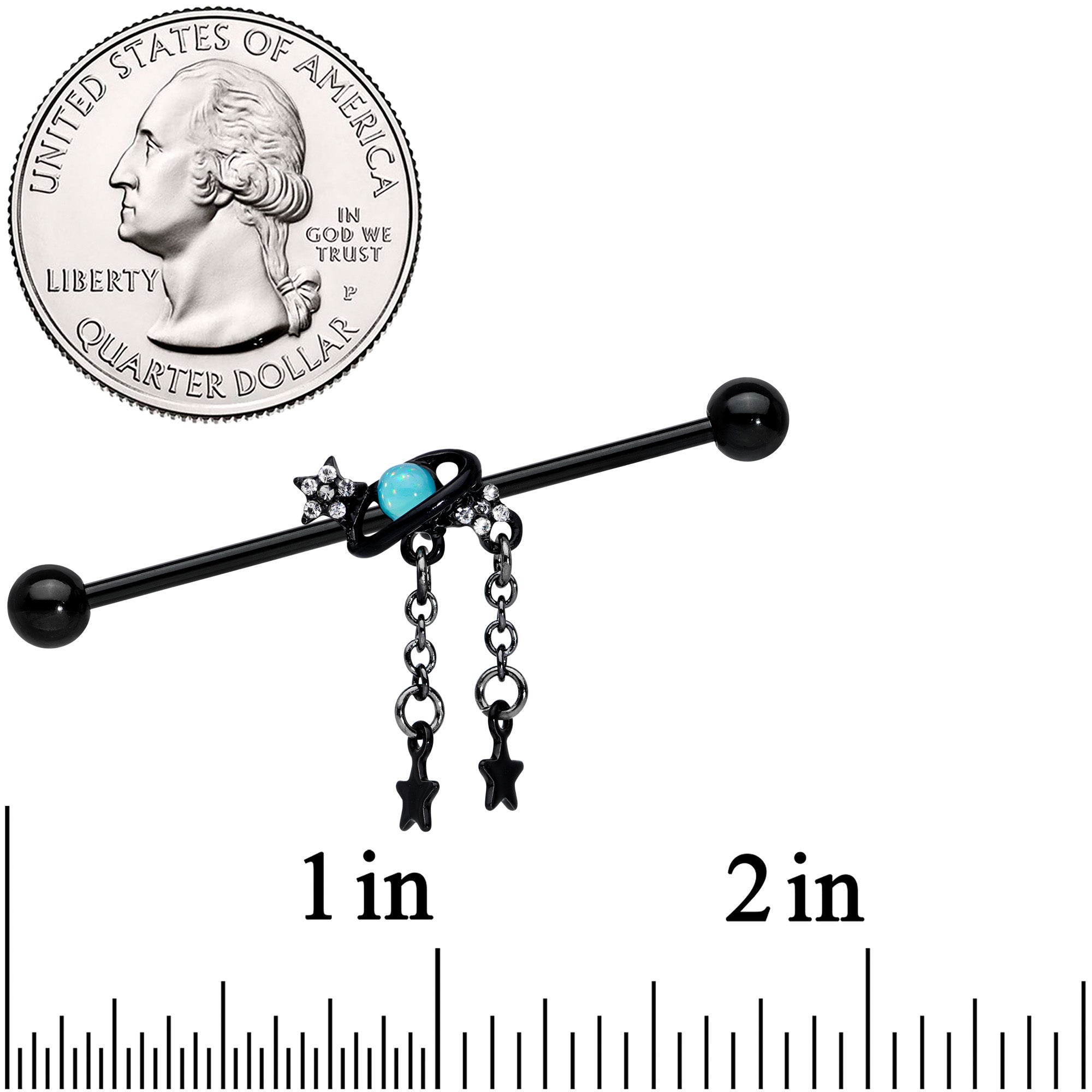 14G Clear Blue Gem Black Saturn Stars Industrial Barbell 38mm