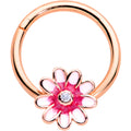 16G 3/8 Clear Gem Rose Gold Tone Pink Flower Hinged Segment Ring