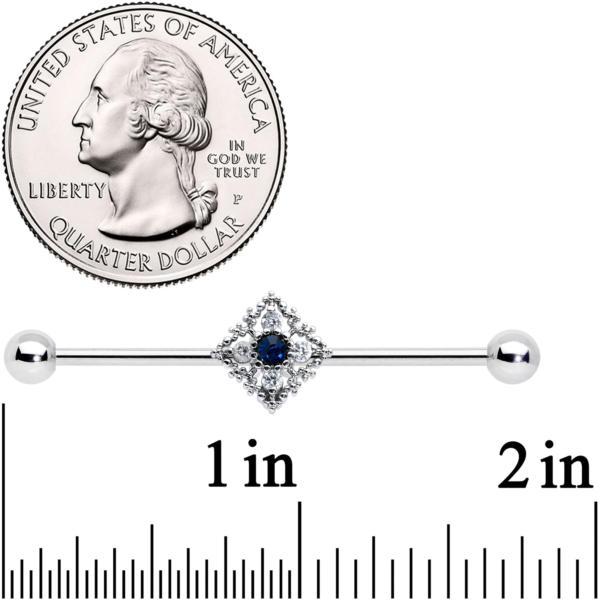14G Clear Blue Gem Textured Rhombus Cross Industrial Barbell 38mm