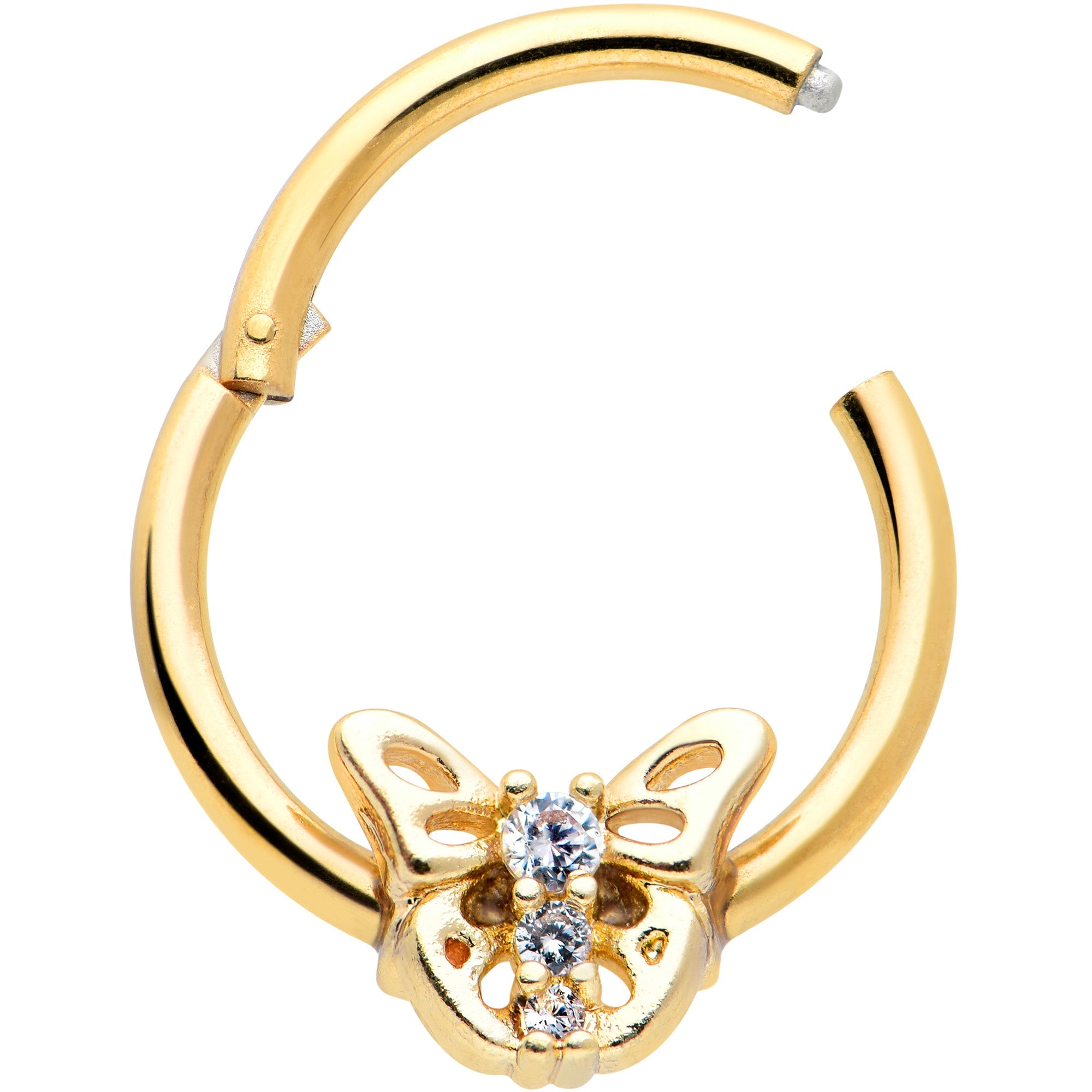 16G 3/8 Clear CZ Gem Gold Tone Open Butterfly Hinged Segment Ring