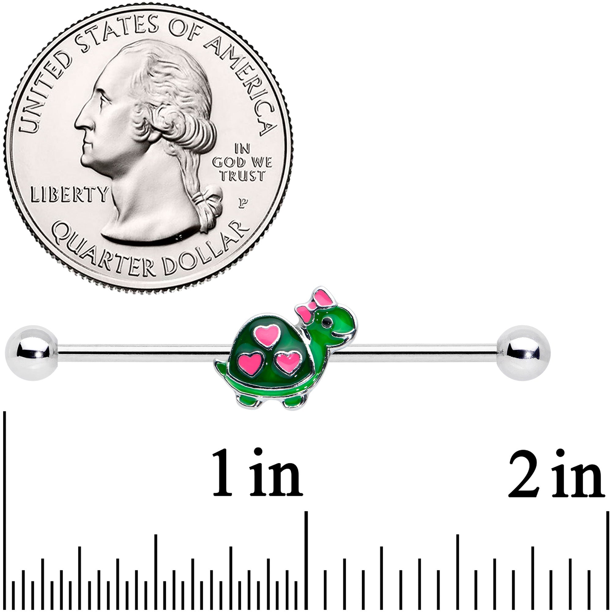 14G Pink Green Hearts Bow Pretty Turtle Industrial Barbell 38mm