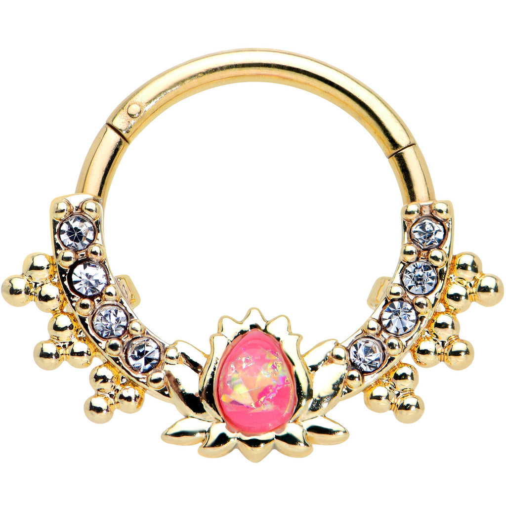 16G 3/8 Pink Faux Opal Gold Tone Style Lotus Hinged Segment Ring