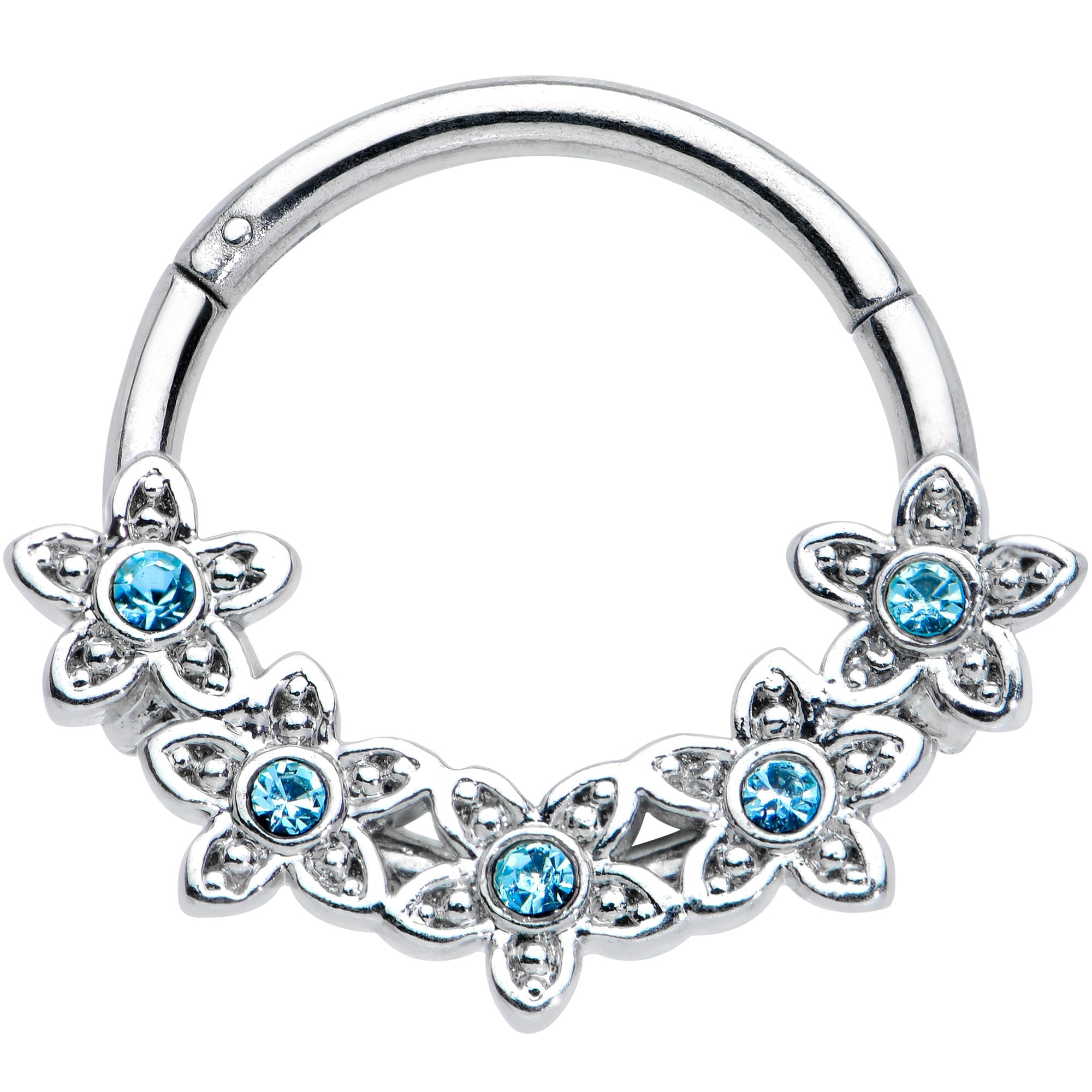 16G 3/8 Blue Gem Foxy Floral Hinged Segment Ring