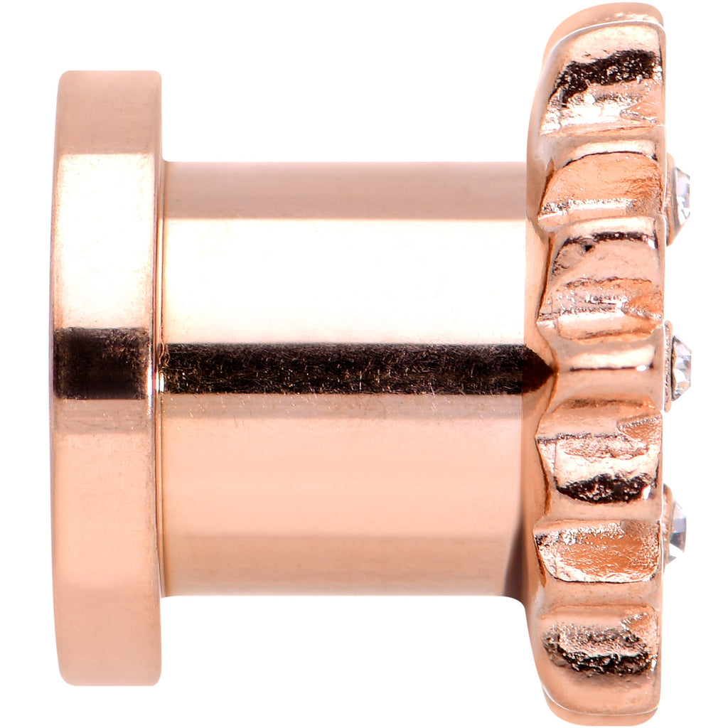 2G Clear Gem Rose Gold Hue White Leaves Screw Fit Tunnel Plug Set