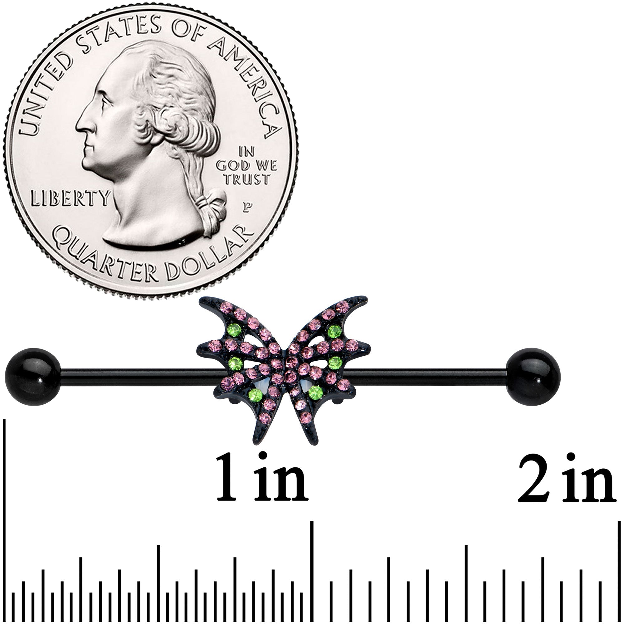 14G Pink Green Gem Black Bat Wing Industrial Barbell 38mm