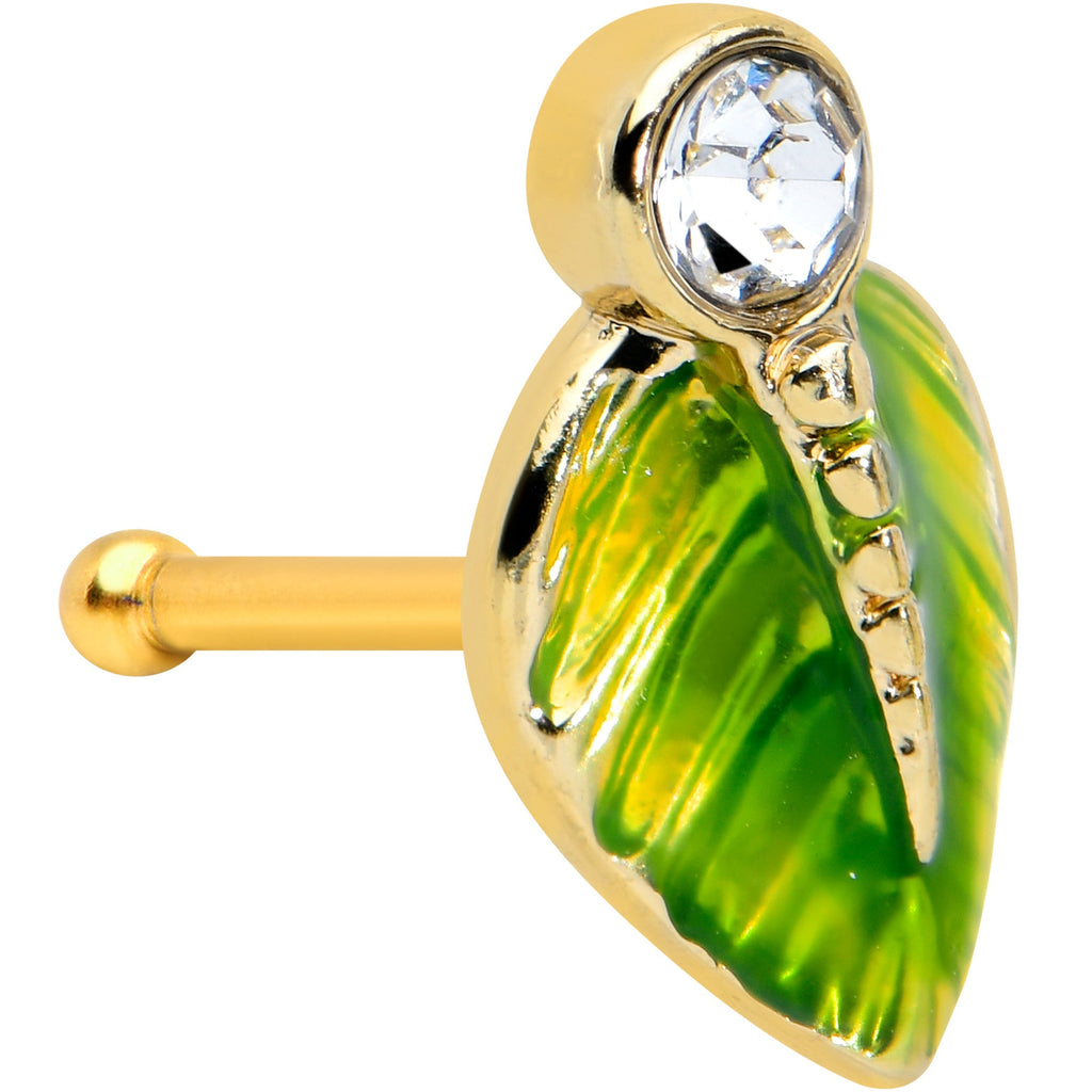 20G 1/4  Clear Gem Gold Tone Lush Green Leaf Nose Bone
