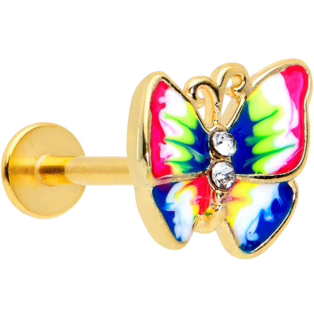 16G 5/16 Clear Gem Gold Hue Bright Butterfly Labret Monroe Tragus