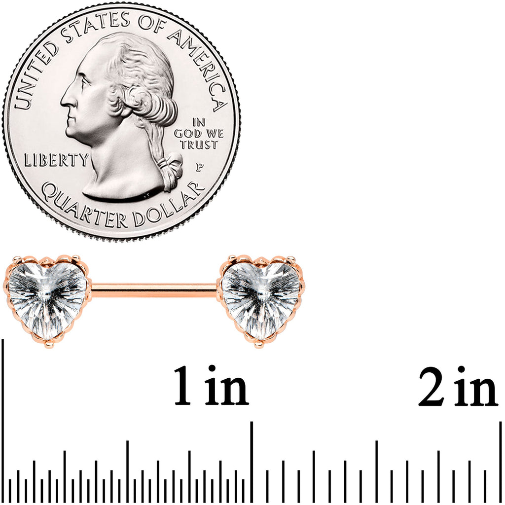 14G 9/16 Grey CZ Gem Rose Gold Tone Heart Nipple Ring Set