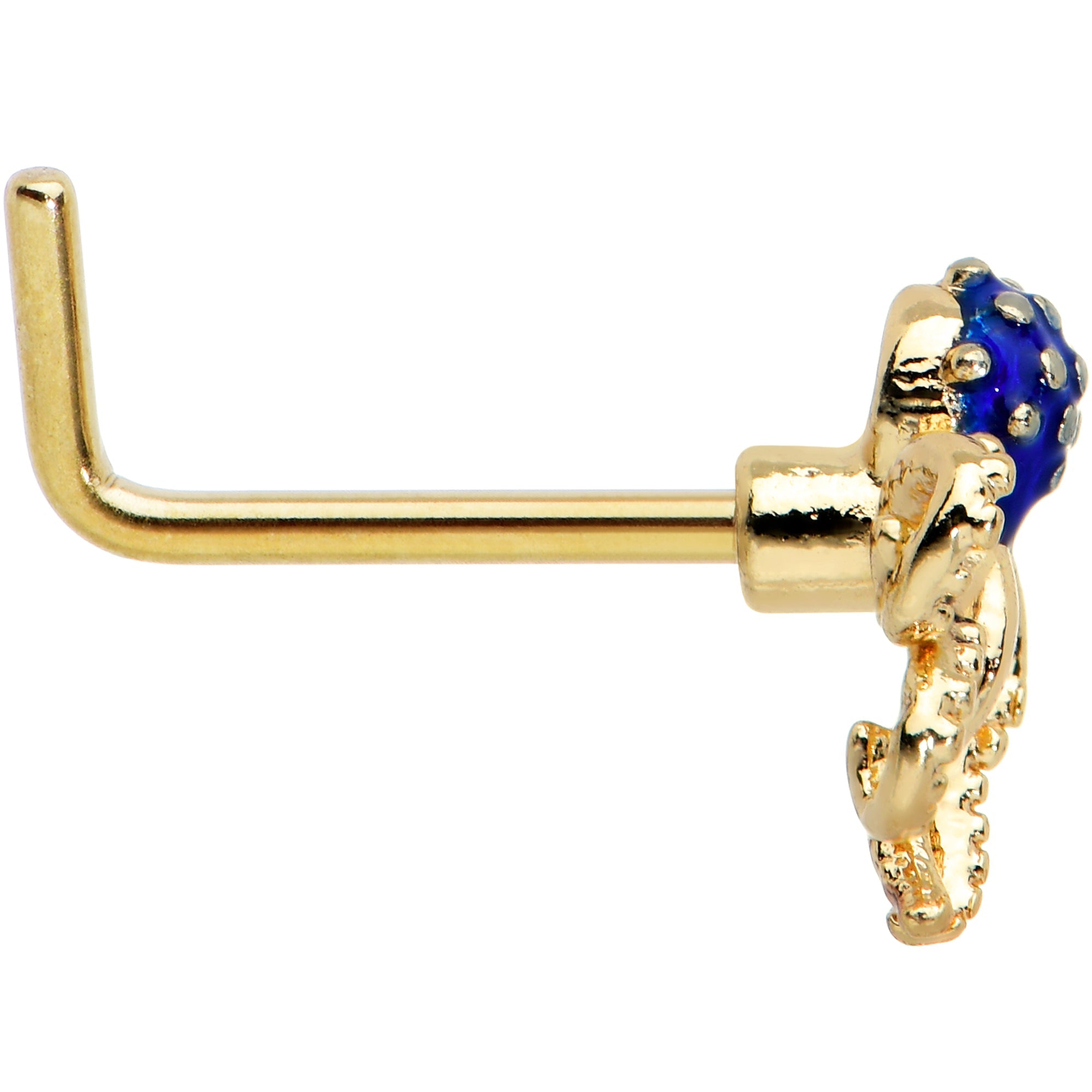 20G 1/4 Gold Tone Textured Blue Octopus L Shape Nose Ring