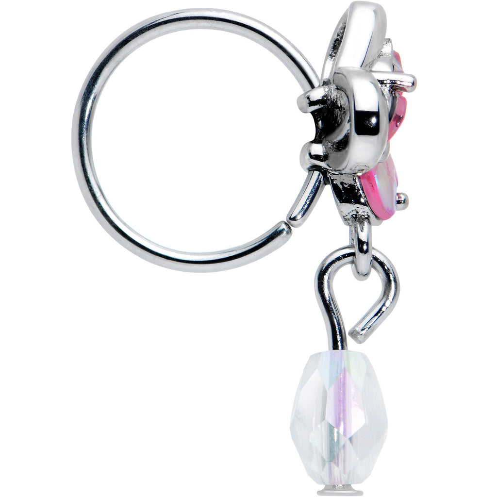 20G 5/16 Heart Pink Butterfly Clear Dangle Nose Hoop