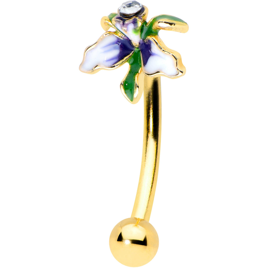 16G 5/16 Clear Gem Gold Tone Iris Flower Curved Eyebrow Ring