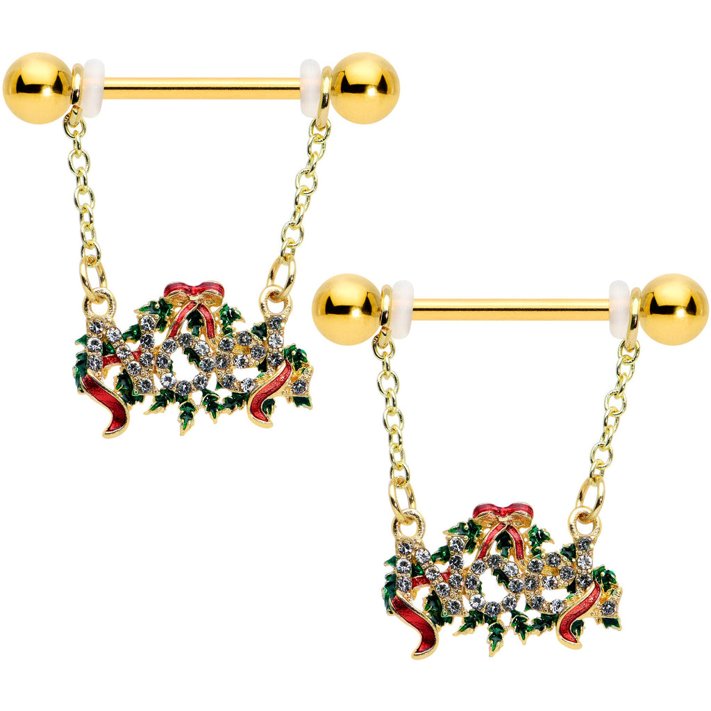 14G 9/16 Clear Gem Gold Tone Garland Christmas Nipple Ring Set