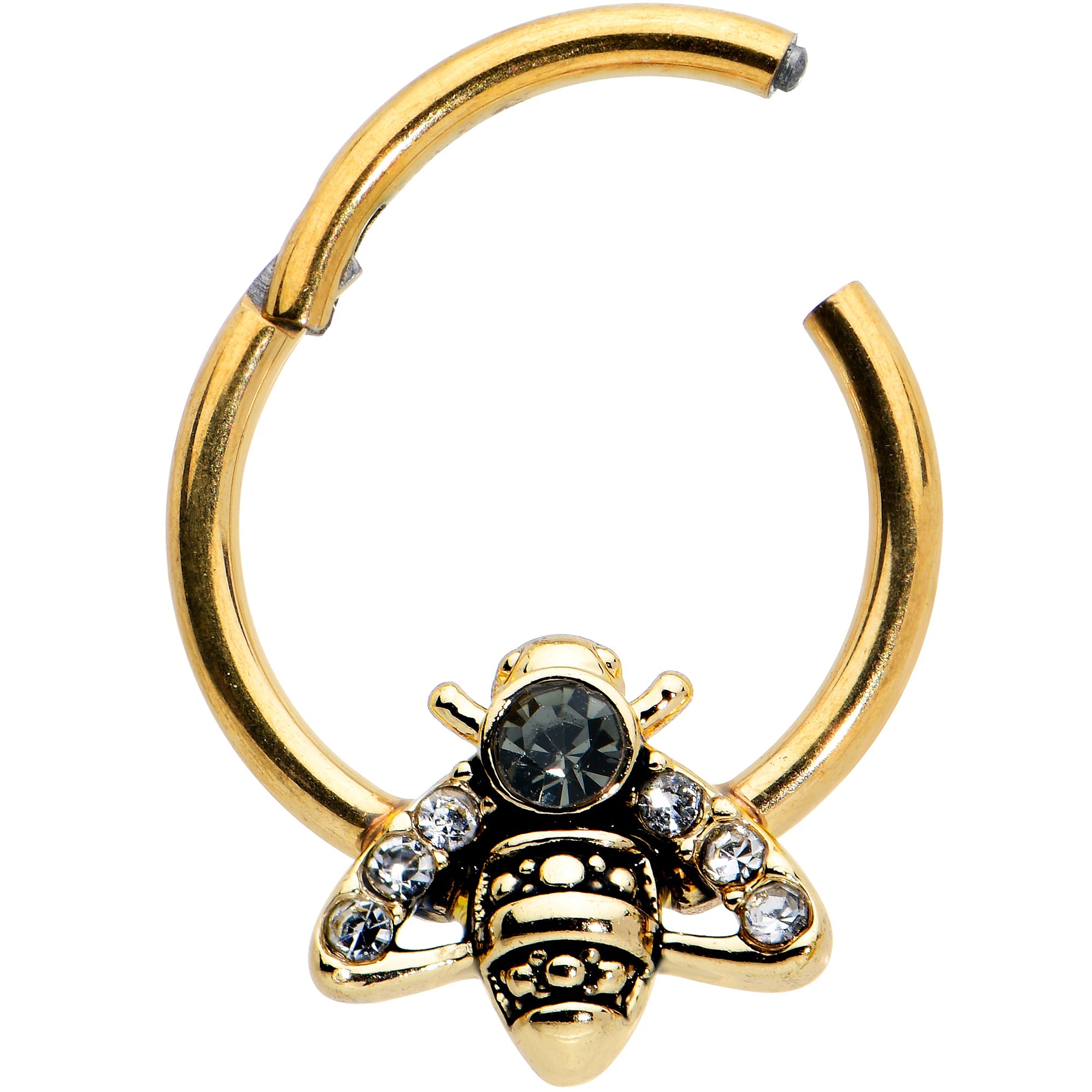 16G 3/8 Black Gem Gold Tone Angular Bee Hinged Segment Ring