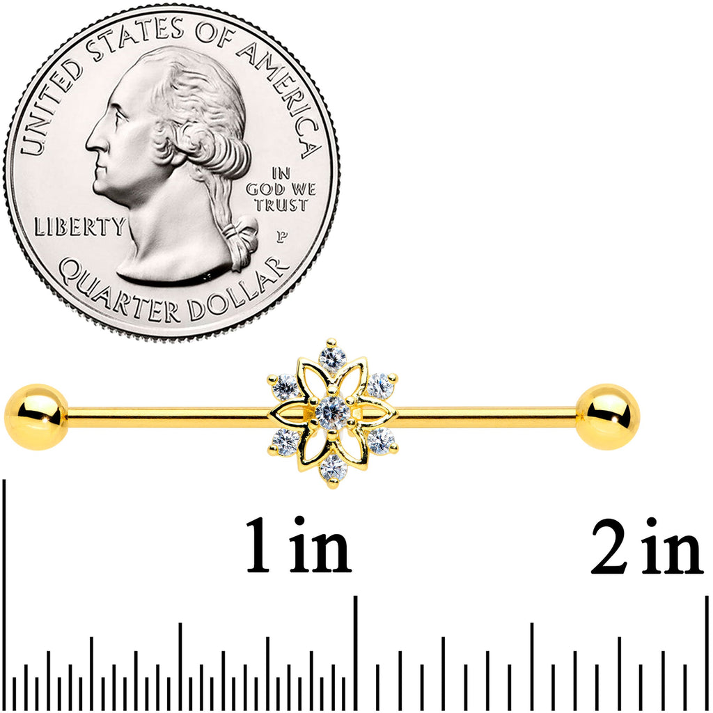 14G Clear Gold Tone Flower SnowflakeChristmas Industrial Barbell 38mm